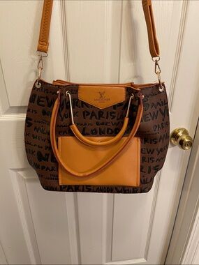 Brown Canvas and Tan Leather Graffiti Shoulder Bag